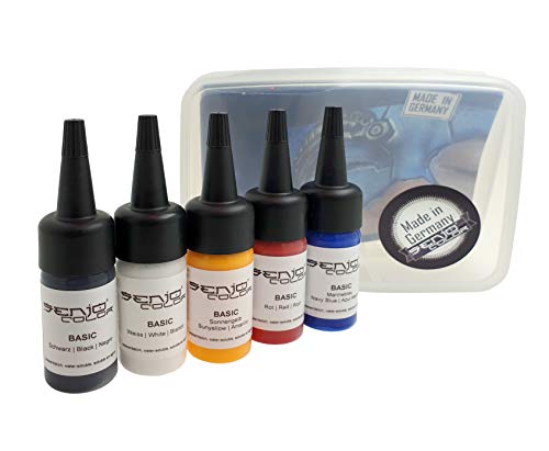 Senjo Color ® Airbrush Set de colores (para la cara y el cuerpo) Colores probados dermatológicamente (5 x 15ml) Colores: Negro, Blanco, Rojo, Amarillo y Azul