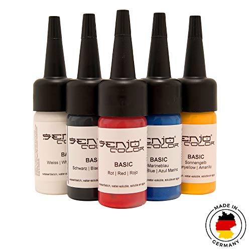 Senjo Color ® Airbrush Set de colores (para la cara y el cuerpo) Colores probados dermatológicamente (5 x 15ml) Colores: Negro, Blanco, Rojo, Amarillo y Azul