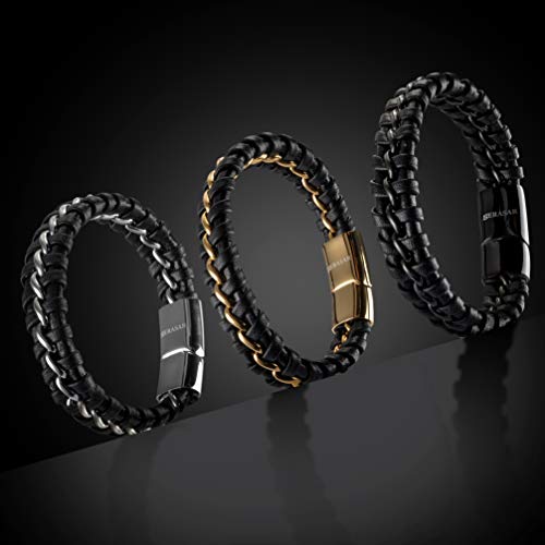 SERASAR 20cm Negro Pulsera de Cuero Hombre Chico Pulseras Hombres Brazalete Brazaletes Pulso Muñequera Muñequeras Bisuteria Bisutería Joyeria Nudos Cuerda Cuerdas Bracelet Men Jewellery Unisex Ancha