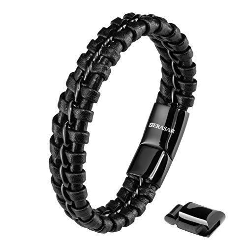 SERASAR 20cm Negro Pulsera de Cuero Hombre Chico Pulseras Hombres Brazalete Brazaletes Pulso Muñequera Muñequeras Bisuteria Bisutería Joyeria Nudos Cuerda Cuerdas Bracelet Men Jewellery Unisex Ancha