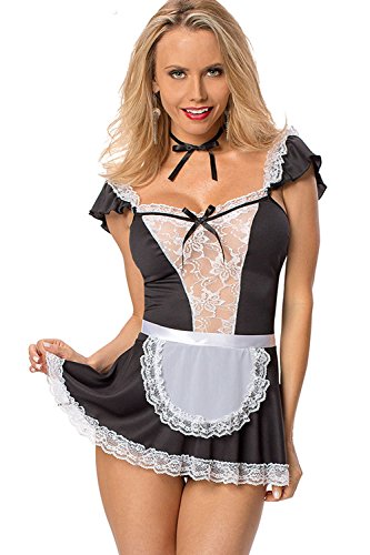 SHESHY Lenceria Sexy Mujer，Mujer Maid Cosplay Disfraz Francés Travieso Lindo Vestido de Encaje Lencería (Negro, XL)