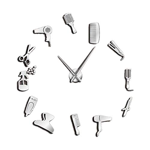 Shumo DIY Barber Shop Reloj de Pared Gigante con Efecto Espejo Juegos de Herramientas de Barbero Reloj Decorativo Sin Marco Reloj Peluquería Barber Wall Art (Plata)