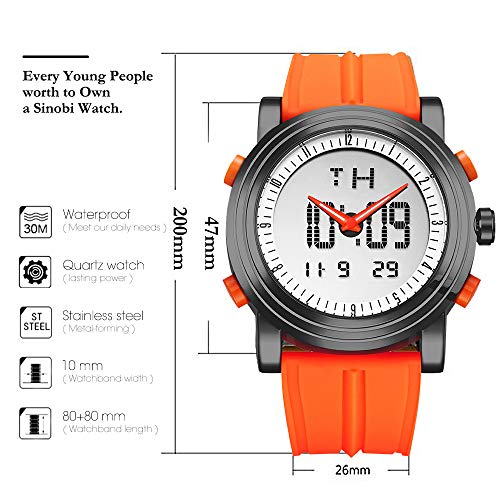 SINOBI Sport Military Rubber Relojes Digitales de Cuarzo y de Cuarzo para Hombres, con Doble Hora automática y Fecha