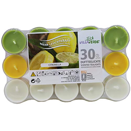 Smart-Planet® - Juego de velas aromáticas de ambiente (30 unidades, aroma afrutado de citronela, carcasa transparente, 4 horas de combustión)