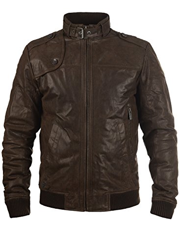 !Solid Dash Chaqueta Cazadora De Piel para Hombre con Cuello Alto De Cuero Real, tamaño:L, Color:Mocca (5050)