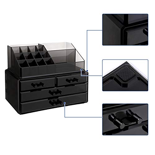 SONGMICS 2 en 1 Organizador para cosméticos Caja Maquillaje Cajones Acrílico Transparente Negro 24 x 13,5 x 19 cm