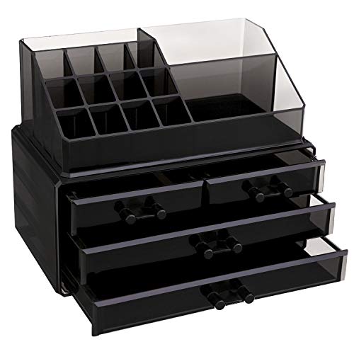 SONGMICS 2 en 1 Organizador para cosméticos Caja Maquillaje Cajones Acrílico Transparente Negro 24 x 13,5 x 19 cm