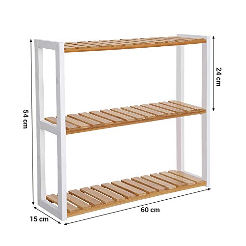 SONGMICS Estante de Bambú para el Baño, Estante de 3 Niveles de Plantas Ajustables, Montado en la Pared o de Pie, en la Sala de Estar, Balcón, Cocina, Natural y Blanco BCB13WN