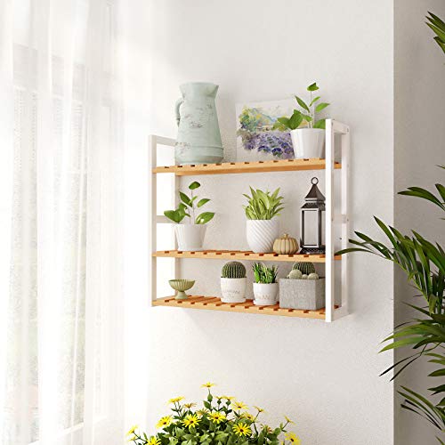 SONGMICS Estante de Bambú para el Baño, Estante de 3 Niveles de Plantas Ajustables, Montado en la Pared o de Pie, en la Sala de Estar, Balcón, Cocina, Natural y Blanco BCB13WN