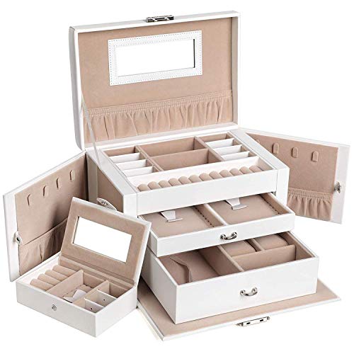 SONGMICS Joyero, Organizador de Joyas con 2 Cajones, Estuche con Cerradura y Espejo, Estuche de Viaje Portátil, para Anillos, Pulseras, Collares, Forro de Terciopelo, Regalo, Blanco JBC121W