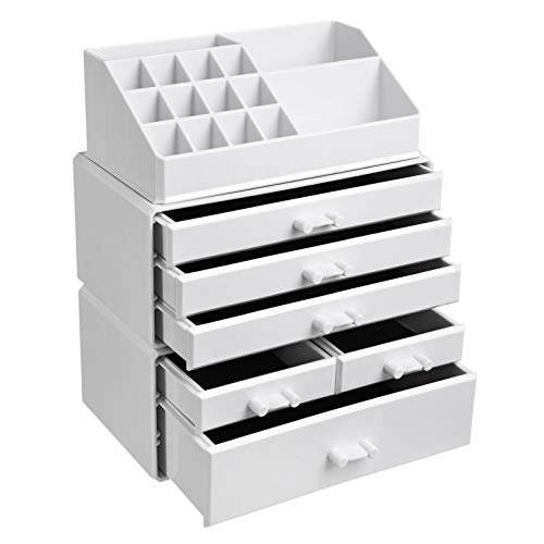 SONGMICS Organizador de Maquillaje Acrílico Grande, Caja de Cosméticos Apilable con 6 Cajones, para Paleta, Cepillo, Base de Maquillaje, Lápiz Labial, Esmalte de uñas, Regalo, Blanco JKA009WT