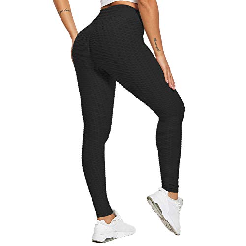 SotRong - Pantalones de yoga para mujer, cintura alta, con fruncido, para gimnasio, control de barriga, levantamiento de glúteos, Primavera-Verano, Mujer, color Negro (, tamaño 34