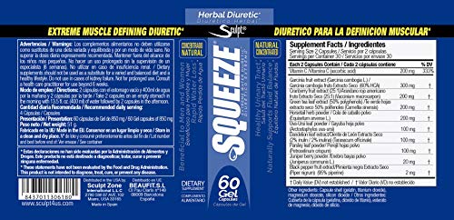 Squeeze Diurético Natural 60 cápsulas Retención líquidos, Potente diurético, Drenante, eliminación de líquidos, Té verde, Diente de León, Cola de caballo, Garcinia, Vitamina C, Enebro, Detox