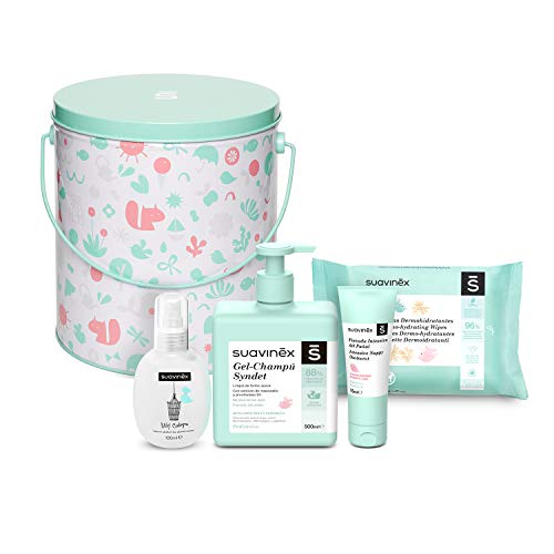 Suavinex 306731 Cubo Metalizado de Cosmética Regalo para Recién Nacido con Gel - Champú Syndet, Pomada Pañal Intensiva, Fragancia Baby Cologne y Toallitas, 4 Productos, Color Rosa