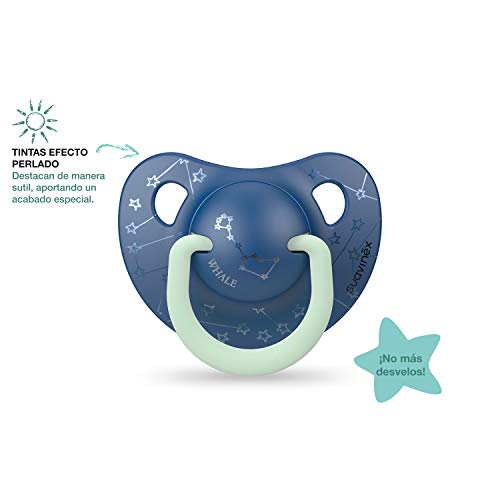 Suavinex - Pack 2 Chupetes Nocturnos para bebés 6-18 meses con Anilla Luminiscente Tetina Anatómica de Silicona Brilla en la Oscuridad, Azul (306809)