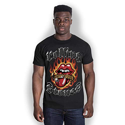 T-Shirt # L Black Unisex # Flaming Tattoo Tongue