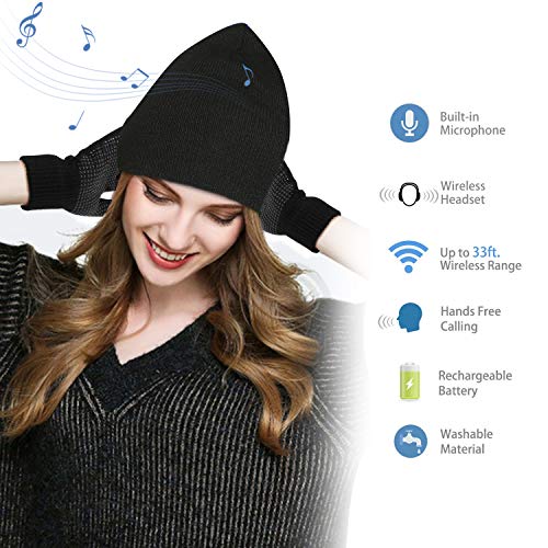 TAGVO Gorro Bluetooth V5.0 con Conjunto de Guantes con Pantalla táctil, Gorro de música inalámbrico de Punto cálido de Invierno con micrófono inalámbrico para Correr esquí Senderismo,Regalo Navidad