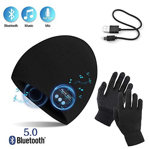 TAGVO Gorro Bluetooth V5.0 con Conjunto de Guantes con Pantalla táctil, Gorro de música inalámbrico de Punto cálido de Invierno con micrófono inalámbrico para Correr esquí Senderismo,Regalo Navidad