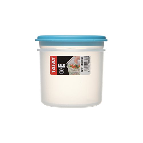 Tatay 1160000 Contenedor de alimentos hermético cilíndrico flexible a presión. Plástico transparente con tapa azul libre de bpa 03 litros de capacidad, 8.7 x 8,7 x 8,5 cm