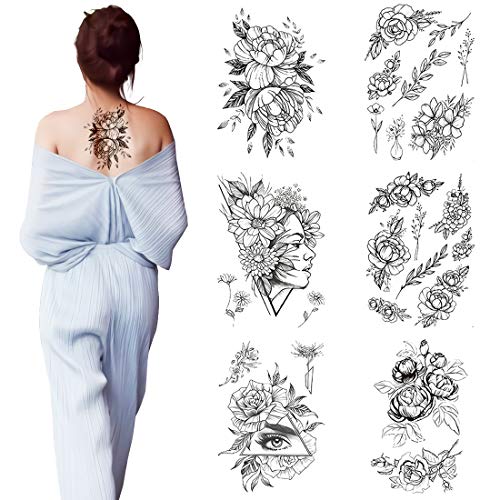 Tatuajes Temporales Adultos Mujer Niñas Temporary Tattoo Uerpo Pegatinas Falsos Tatuajes Corazón Flores Rose del Arte Corporal Negro de Tatuajes 6 Hojas