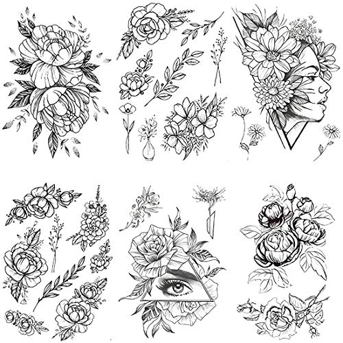 Tatuajes Temporales Adultos Mujer Niñas Temporary Tattoo Uerpo Pegatinas Falsos Tatuajes Corazón Flores Rose del Arte Corporal Negro de Tatuajes 6 Hojas