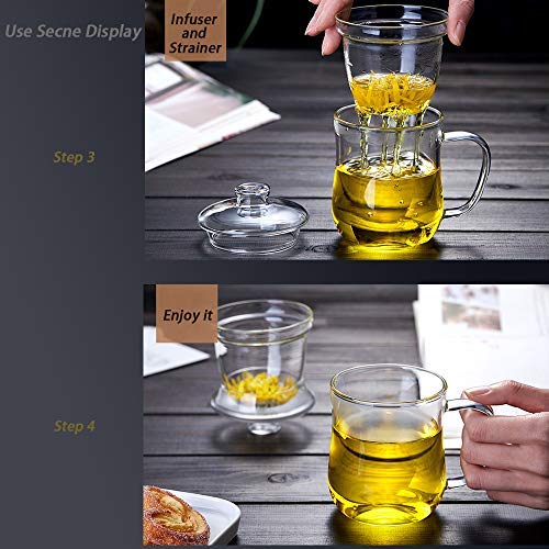 Tazas de Te Taza Cristal Con Infusor, aza de te flores sin plomo de alto silicio con filtro adecuado para té, café, leche, 350 ml (transparente)