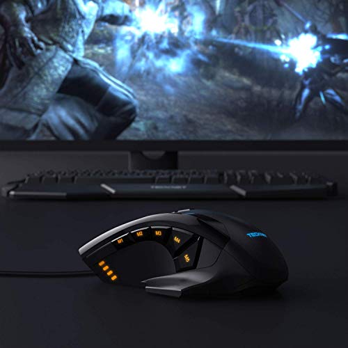 TECKNET Ratón Gaming con Cable Ratón Láser de Alta Precisión (16400 dpi, Ratón Programables de 10 Botones, Mouse Gaming Cartucho de Ajuste de Peso Extraíble, 5 Configuraciones Macro, Negro