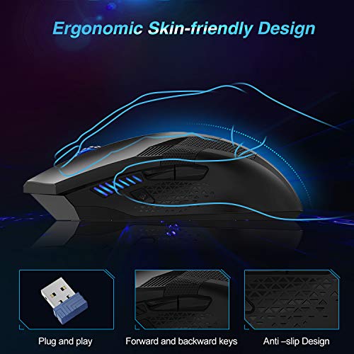 TECKNET Ratón Gaming Inalámbrico 2.4G Ratón Óptico Gaming Mouse Profesional para Gaming, Ratón con Receptor, 8 Botones, 4800DPI, 5 dpi Ajustables con LED