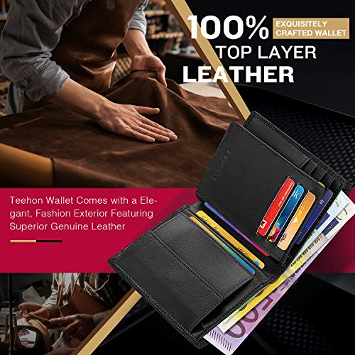 TEEHON Cartera Hombre, Billetera Hombre, Cartera RFID, Cartera Vertical para Hombre con 13 Ranuras para Tarjetas (Incluye ID), 2 Ranuras para Billetes, 1Bolsillo para Monedas con Botón - Negro