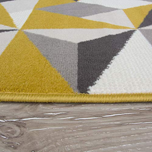 The Rug House Milan Alfombra para Sala de Estar con diseño geométrico caleidoscopio Tradicional Color Amarillo Ocre Mostaza Gris Beige 120cm x 170cm (3'11" x 5'7")