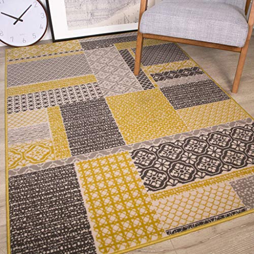 The Rug House Milan Color Ocre Amarillo Mostaza Gris Beige en Cuadros de Patchwork Tradicional Alfombra de salón 120cm x 170cm