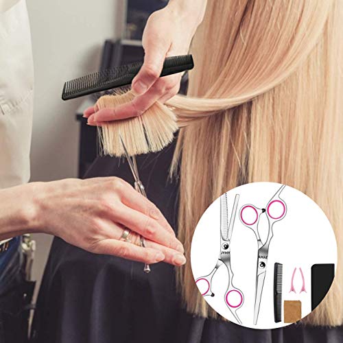 Tijeras Peluqueria Profesional con Navaja Kit Tijeras de Peluqueria completa Acero Inoxidable 6 pulgadas para Peluquero y Salón Tijeras Pelo Plateado, Rosa