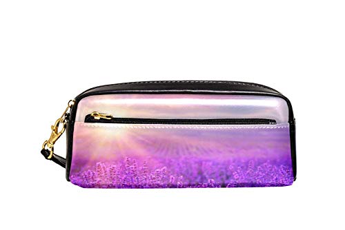 TIZORAX Sunset Violeta Lavanda Campo Estuche De Cuero PU Estudiantes Estacionarios Bolsa De Maquillaje Bolsa De Cosméticos