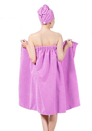 Toalla de baño Spa piscina de microfibra súper suave absorbente para mujer, serie de vestido tubo, gorro de ducha, toalla de baño, sombrero de secador, albornoz de baño para mujer morado claro