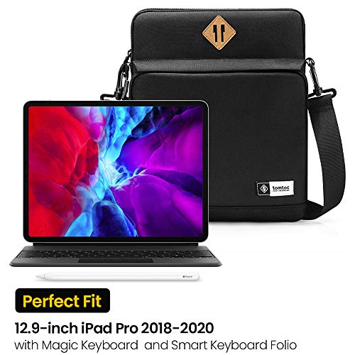 tomtoc Bolso de Hombro para Tableta para 12.9" New iPad Pro (3 Rd Gen) 2018-2019 con Apple Pencil Smart Keyboard y Logitech Slim Folio Pro Case, Bolsillo Frontal para Tableta y Accesorios, Negro