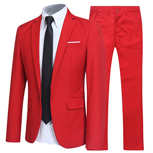 Traje de 2 piezas para hombre compuesto por chaqueta y pantalones, ajuste estrecho, para boda, cena,negocios, casual, disponible en 10 colores Rojo rosso S