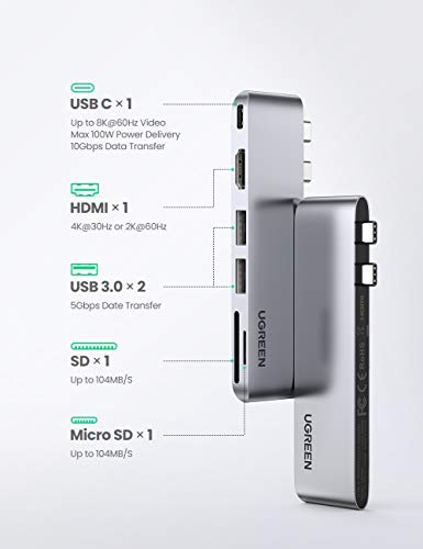 UGREEN HUB USB C 6 En 1, Adaptador Macbook Pro 13'' a 2 Puertos USB 3.0, 4K HDMI, Lector de Tarjeta SD TF, USB C Thunderbolt 3 100W PD Carga para Macbook Pro 2020 2019 2018 16'' Macbook Air 2020 2019