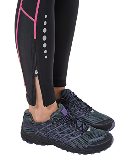 Ultrasport Pantalones largos de correr para mujer, con efecto de compresión y función de secado rápido, Negro/Rosa Neón, M