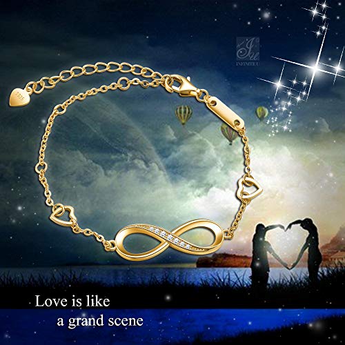 Unendlich U Pulsera Mujer Infinito U Pulsera de Plata 925 Estilo Símbolo Infinito y Corazones con Circonitas,Idea Regalo para Mujeres Chicas,Color de Oro