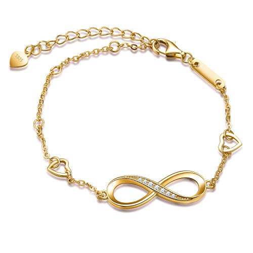 Unendlich U Pulsera Mujer Infinito U Pulsera de Plata 925 Estilo Símbolo Infinito y Corazones con Circonitas,Idea Regalo para Mujeres Chicas,Color de Oro