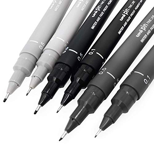 Uni Pin Fineliner Rotulador de Dibujo - Set de Dibujo - Gris Tonos - 0.1/0.5mm-Juego de 6