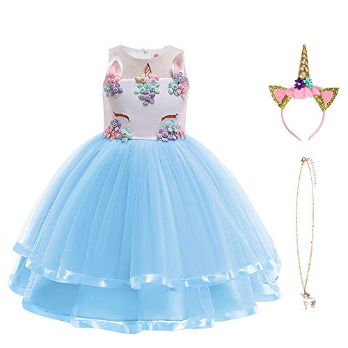 URAQT Disfraz de Princesa, Traje del Vestido Traje de Princesa de la Nieve Vestido Infantil Disfraz de Princesa de Niñas para Frozen Themed Fiesta Cumpleaños Navidad Halloween Ros Azul 130CM