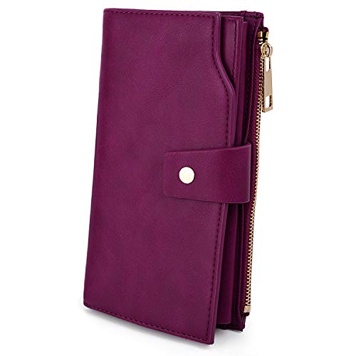 UTO - Mujer Cartera de Bloqueo de RFID PU Cuero Monedero Largo 21 Ranuras para Tarjetas Monedero Gran Capacidad Bolsillo para Móvil Morado