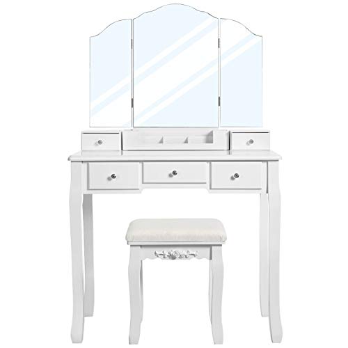 VASAGLE Tocador con 5 Cajones, Mesa de Maquillaje con 1 Taburete, Espejo Plegable de 3 Partes sin Marco, 1 Caja de Cosméticos Extraíble, Juego de Tocador, Montaje Sencillo, Blanco RDT28WT