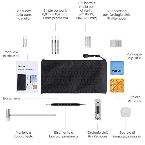 Vastar Kit de Reparación de Relojes - Herramienta de Extracción de Relojes con Correa de Reloj Removedor de Eslabones/Soporte de Correa de Reloj/Martillo Cabeza/Pasadores de Reloj,etc.