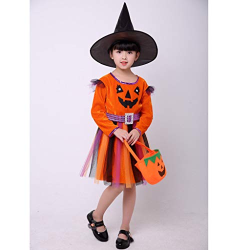 Vestido Niñas Niños Bruja Diablo ángel Disfraces de Halloween para niñas Vestido Malla Vestido de Princesa+Sombrero + Bolso de Calabaza,Ropa riou