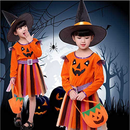Vestido Niñas Niños Bruja Diablo ángel Disfraces de Halloween para niñas Vestido Malla Vestido de Princesa+Sombrero + Bolso de Calabaza,Ropa riou
