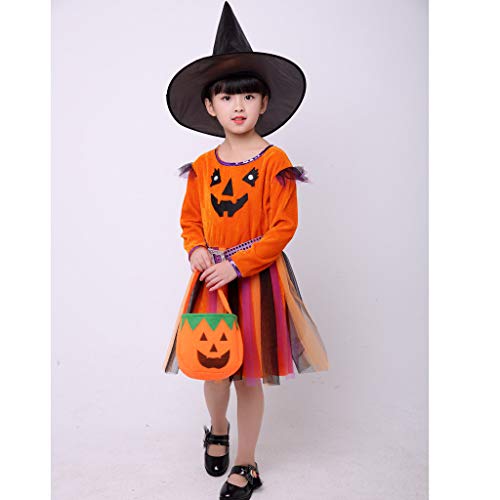 Vestido Niñas Niños Bruja Diablo ángel Disfraces de Halloween para niñas Vestido Malla Vestido de Princesa+Sombrero + Bolso de Calabaza,Ropa riou