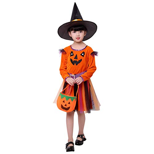 Vestido Niñas Niños Bruja Diablo ángel Disfraces de Halloween para niñas Vestido Malla Vestido de Princesa+Sombrero + Bolso de Calabaza,Ropa riou