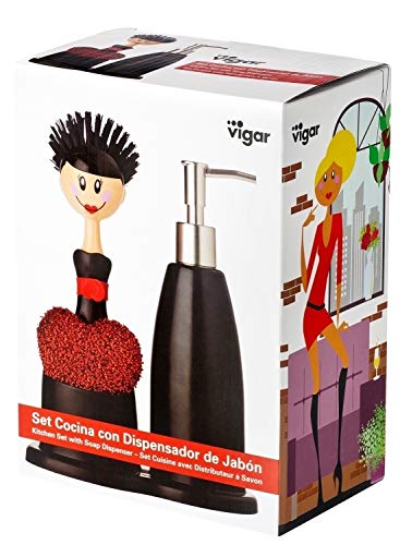 Vigar Dolls - Set fregadero con dispensador de jabón, estropajo en forma de corazón y cepillo para lavar los platos, plástico, color negro y rojo